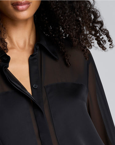 Camisa manga larga con canesú y mangas transparentes para mujer