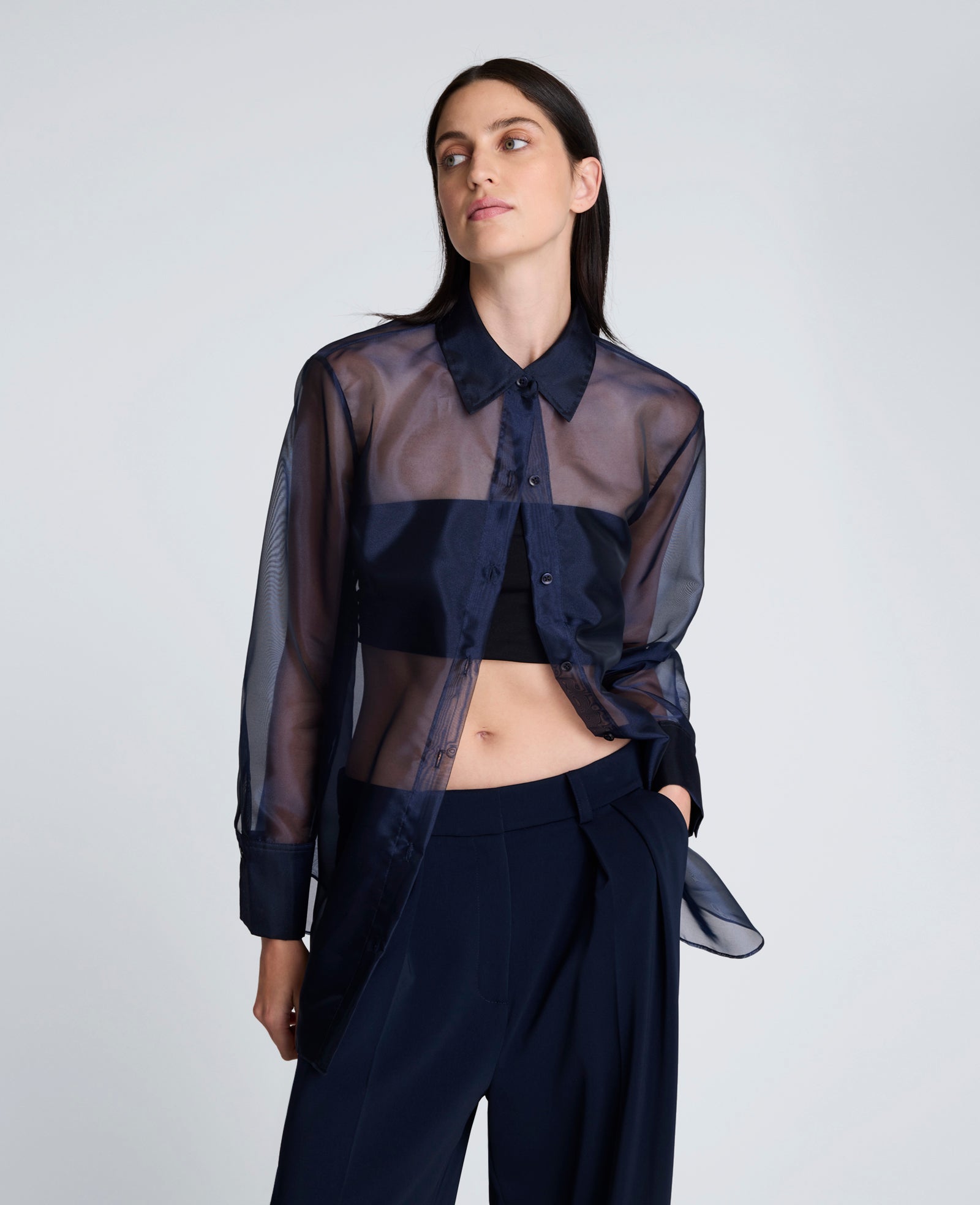 Camisa manga larga delantera organza trasparente para mujer